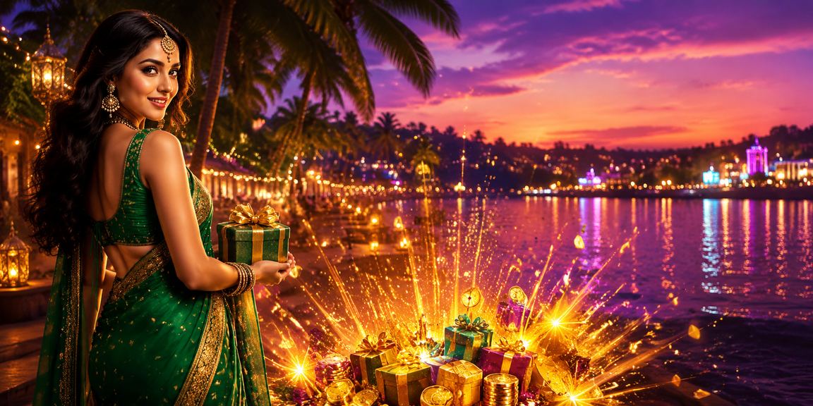 Mobile user betting on Andar Bahar near Goa's beach wearing traditional saree
