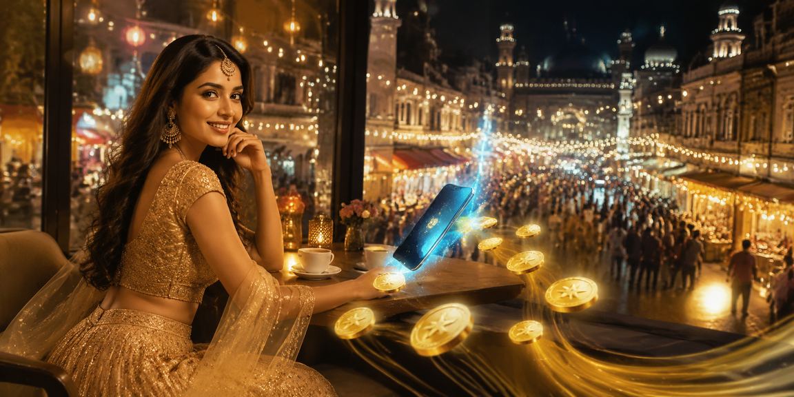 Indian woman using mobile casino app in lehenga outfit
